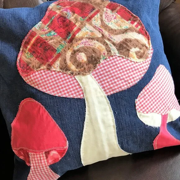 Mushroom Pillow Cover Handmade 18 x18 Whimsical Fungi Cottagecore Recycled Denim - Picture 8 of 9